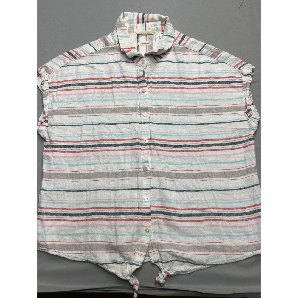 Weatherproof Vintage Womens Washable Linen Blend Striped Tie Front Shirt Medium